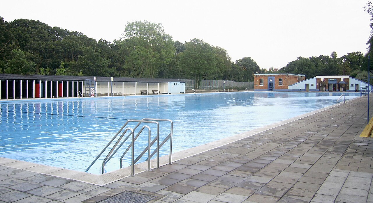 Tooting Bec Lido with its rows of colourful changing-room doors